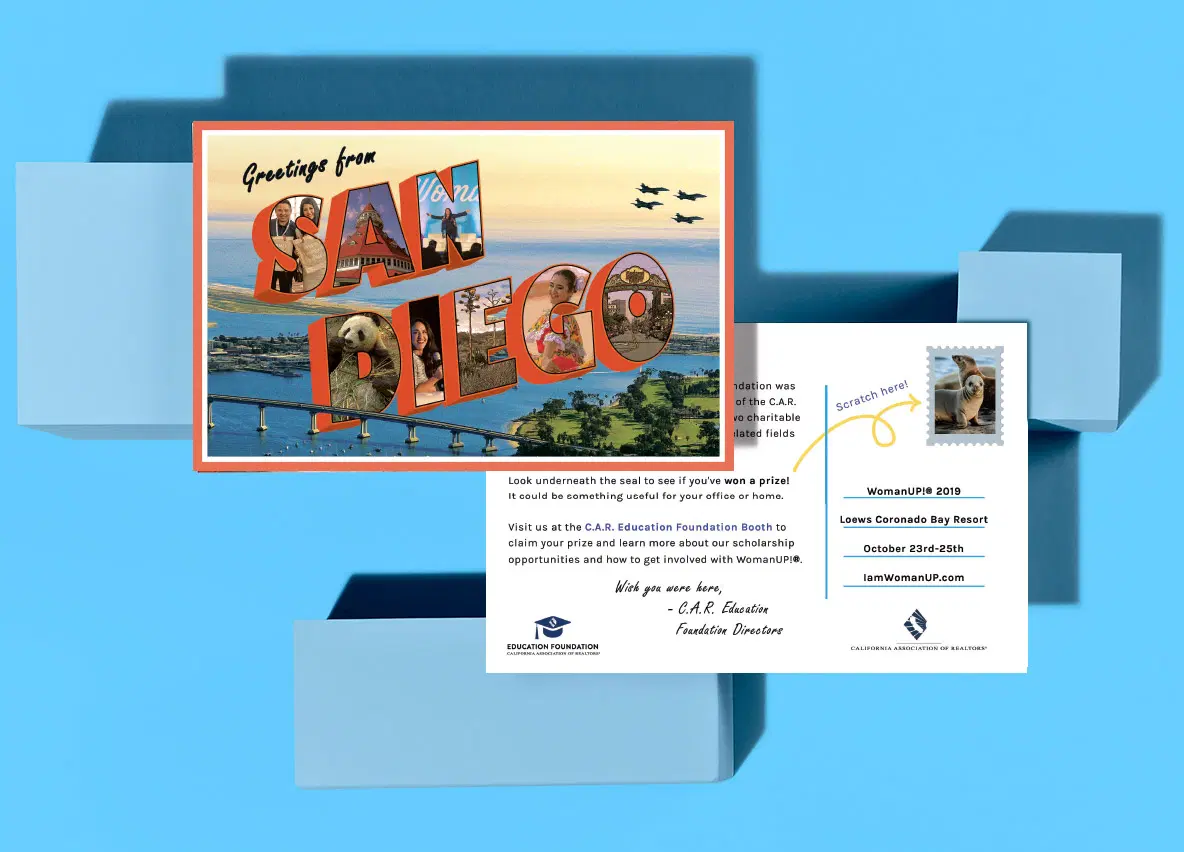 Greetings from San Diego postcard scratch-off with sea otter stamp reveal