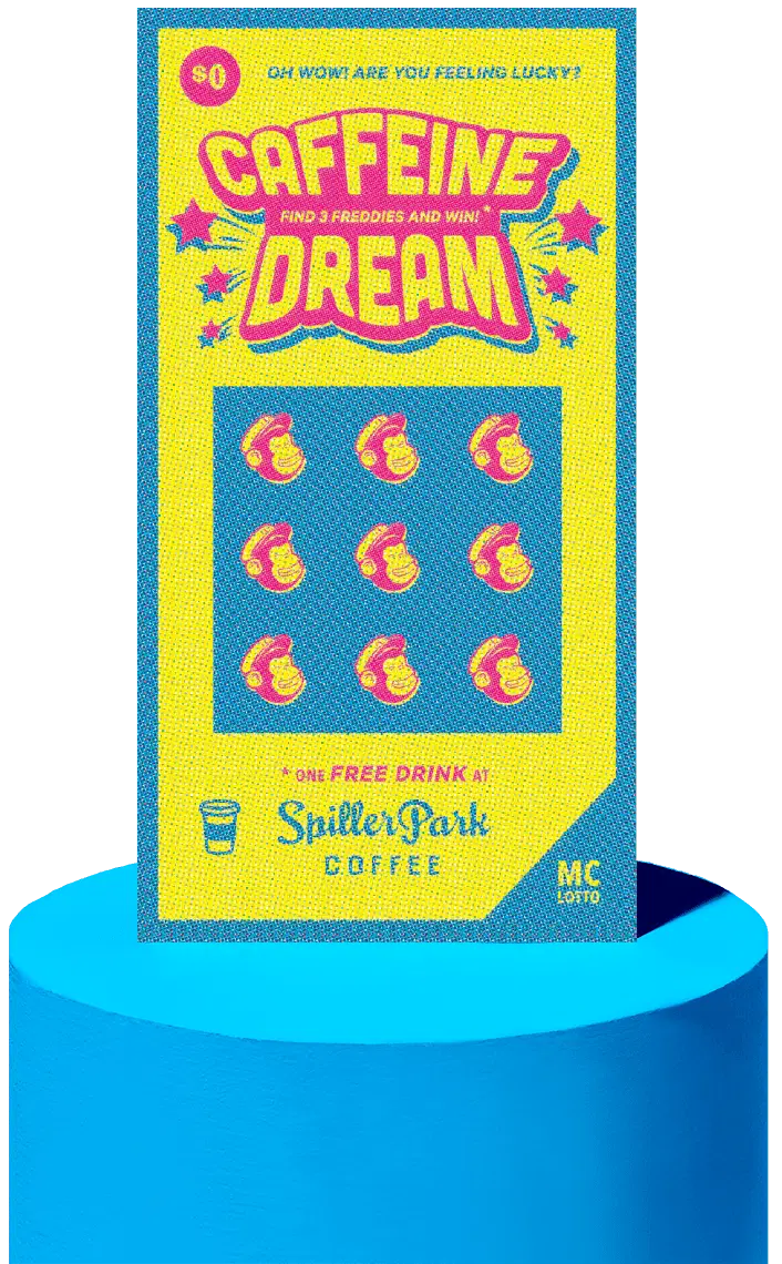 Yellow and blue Caffeine Dream Spillerpark Coffee promotional scratch card