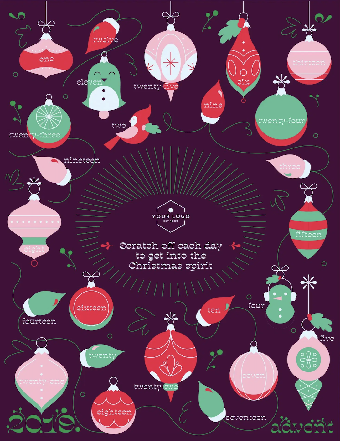 Purple 25 Days scratch-off Christmas advent calendar covered in ornaments