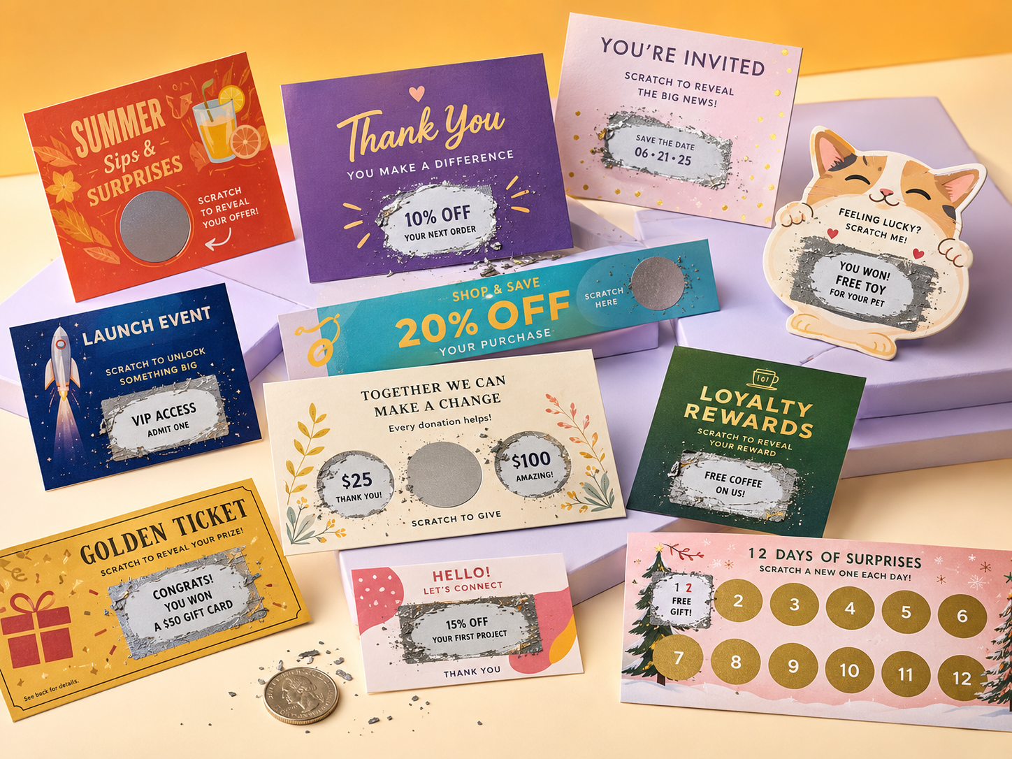 Twelve custom scratch-off card formats: coupons, invites, advent calendars, die-cut shapes, and loyalty cards printed by Mr. Scratch Off