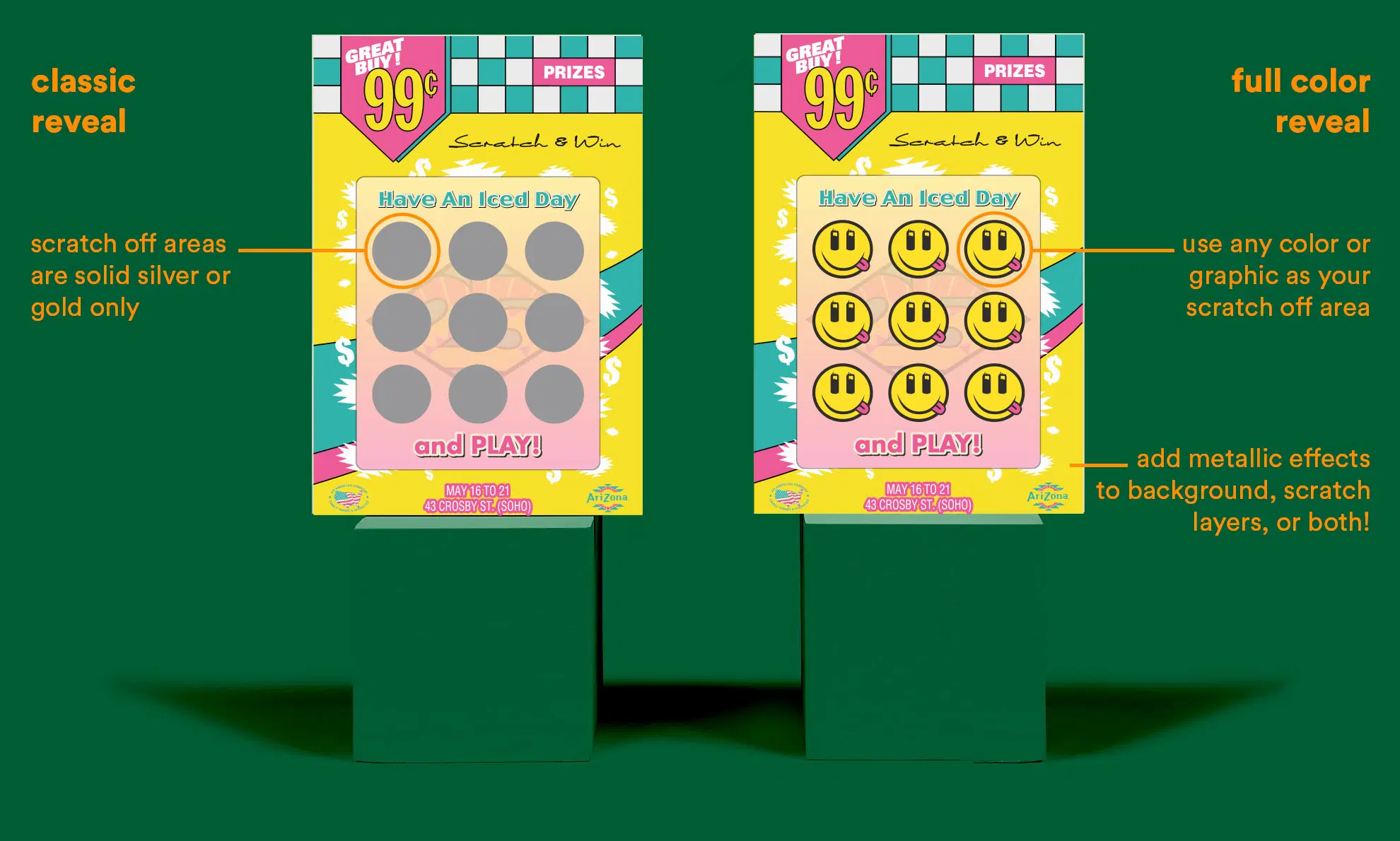 Classic vs full-color scratch off card comparison