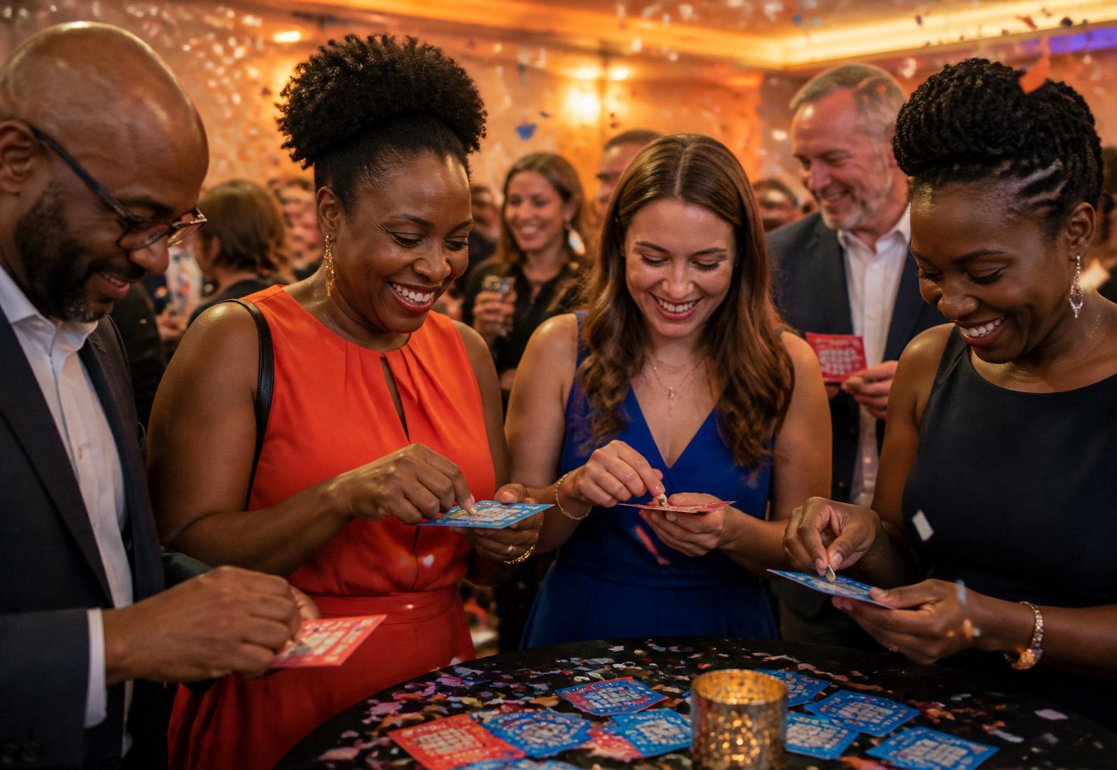 Guests at a live event scratching custom coral and cobalt Mr. Scratch Off tickets together